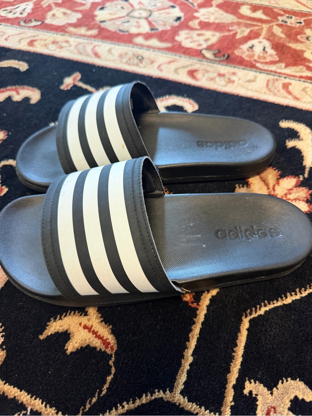 adidas Black and White Slide Sandals with Three Stripes Strap